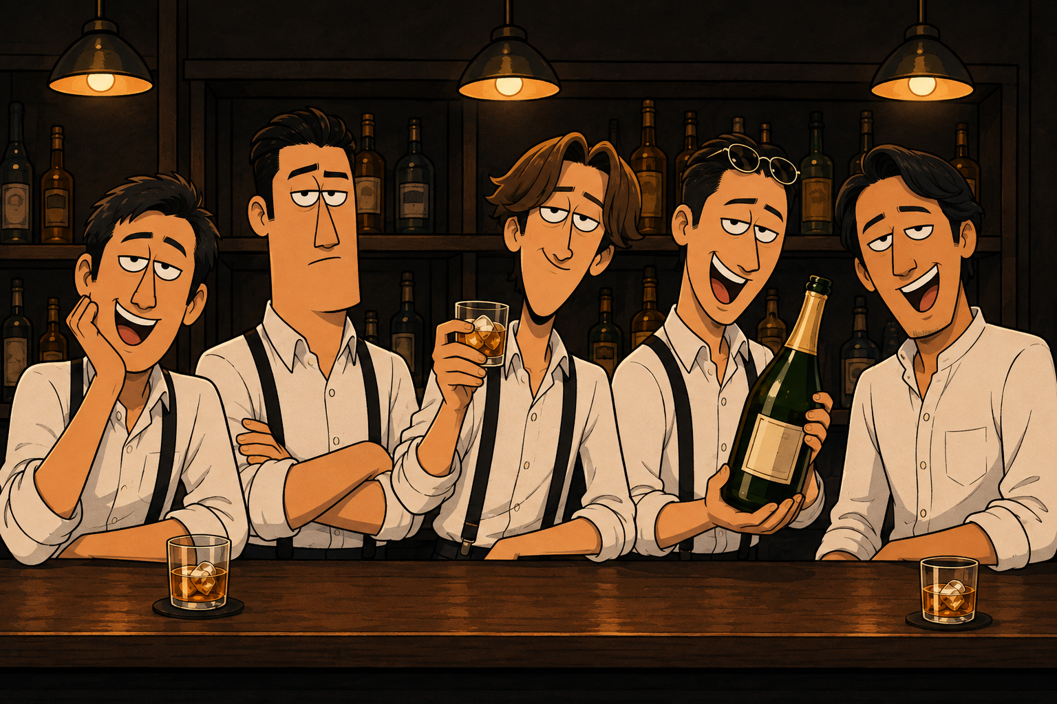 カウンターでそれぞれの表情を見せる5人のスタッフのイラスト